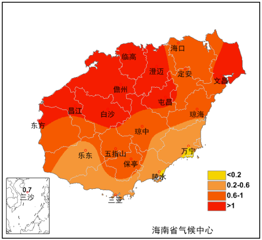 2020年海南省各地年平均气温距平图(单位：℃).png